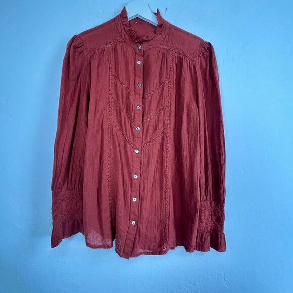 Sundance Womens Long Sleeve Button Up Louisa Peasant Blouse Top Ruffle Trim Red - Picture 1 of 8